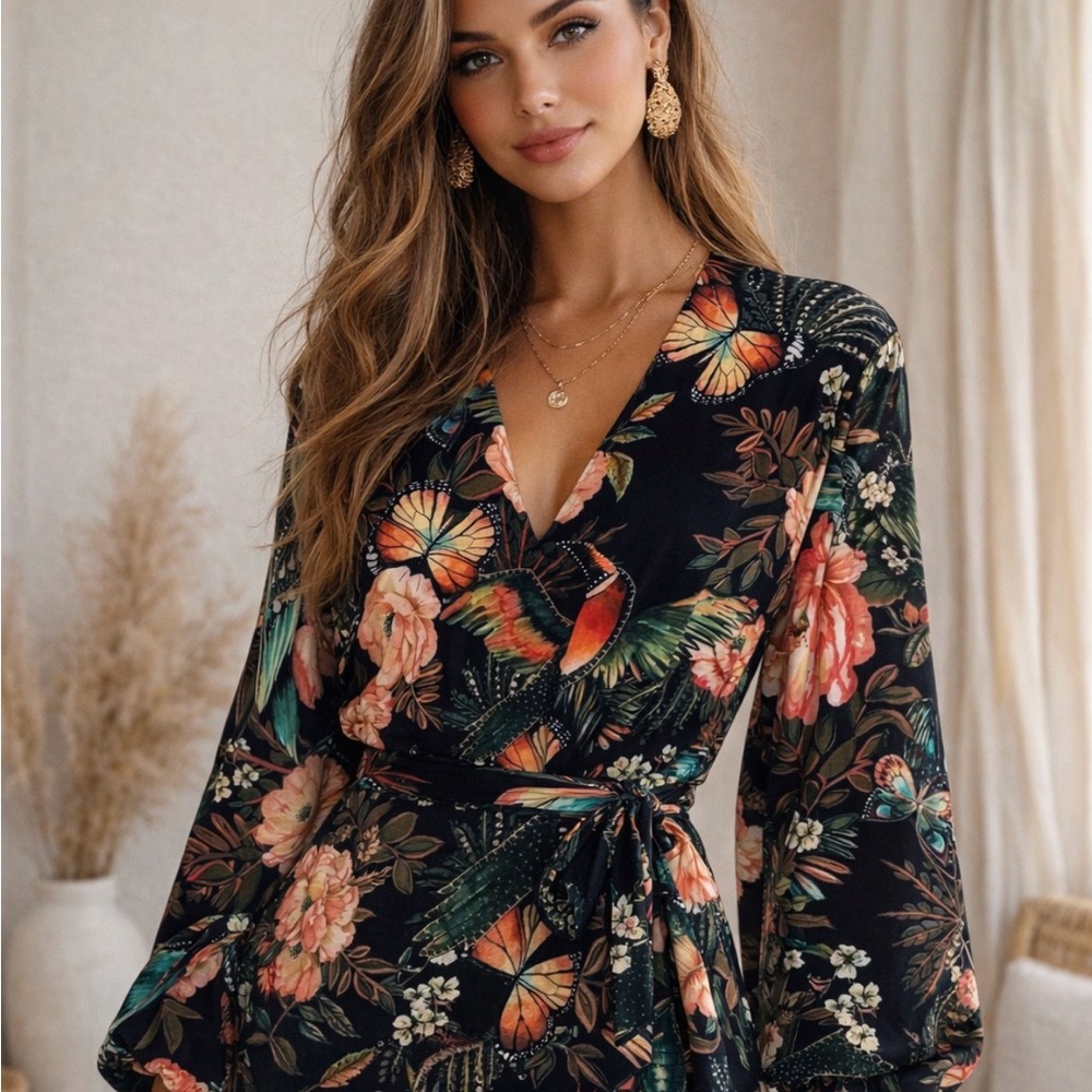 Farm Rio floral and Bird Print Kimono OS